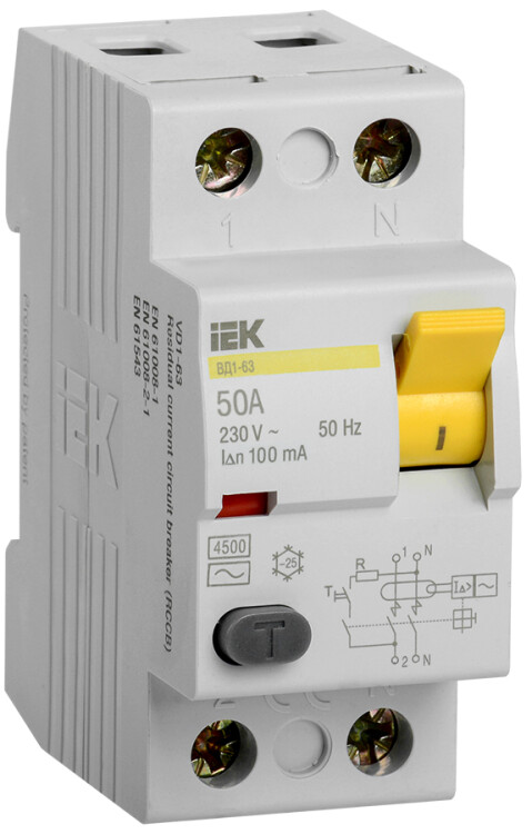 Устр-во защит. откл. (УЗО, ВДТ) 2-пол. (2P)  50А 100мА тип AC ВД1-63 IEK