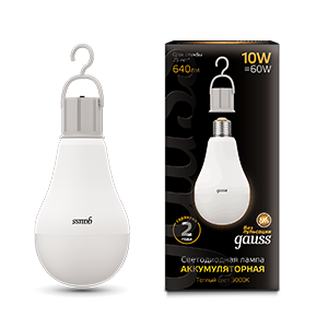Лампа Gauss A60 10W 640lm 3000K E27 с Li-Ion аккумулятором LED 1/10/60
