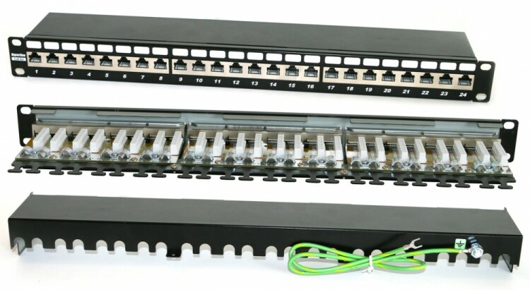 Патч-панель 19", 1U, 24 порта RJ-45 полн. экран., категория 6A, Hyperline